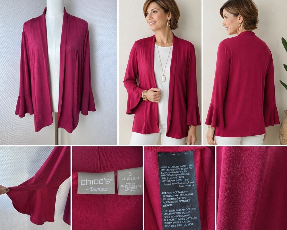 Chicos Travelers Open Front Slinky Travel Cardigan Size XL 3 Bell Sleeve Holiday
